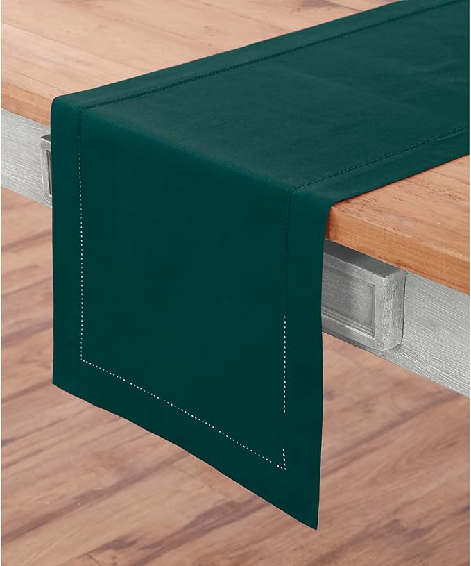 Solino Home Cotton Linen Dark Green Table Runner 108 Inches Long - Hemstitch 14 x 108 Inch Table Runner - Handcrafted and Machine Washable