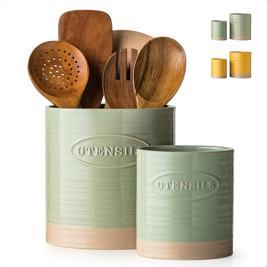 YHOSSEUN Kitchen Utensil Holder, 6.7"+5.1" Ceramic Utensil Holder for Kitchen Counter, Oval Cooking Utensil Crocks for Countertop, Utensil Storage Organizer Set of 2, Green