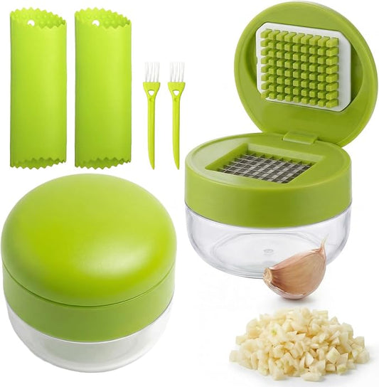 2 Sets, 3-in-1 Stainless Steel Garlic Press and Mincer Set with Silicone Peeler, Cleaning Brush, and Storage Container, Multi-Purpose Food Chopper for Easy Garlic Preparation