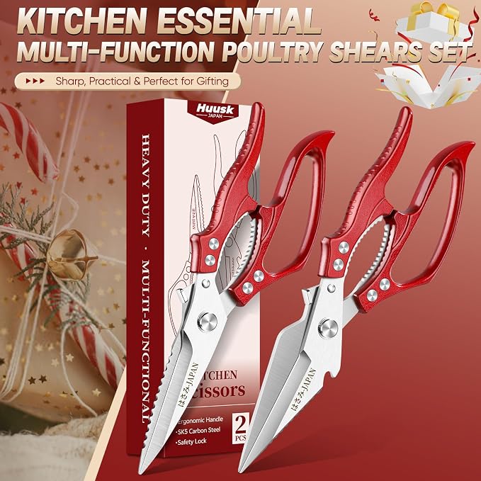 Huusk Heavy Duty Kitchen Shears Set – All Purpose Japanese Kitchen Scissors for Chicken, Meat, Fish, Vegetables & Pizza, Poultry Shears with Ergonomic Non-Slip Red Handle, Gifts for Women Men
