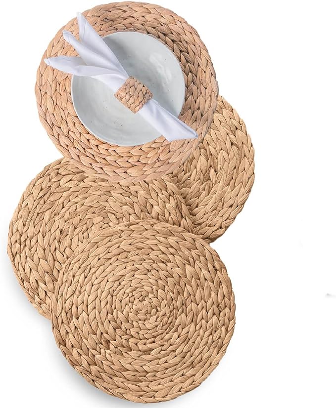 Laquedecraft 13.8" Set of 4 Round Water Hyacinth Placemats | Boho Woven Rattan Table Mats | Farmhouse Wicker Spring Plate Chargers Like Corn Husk, Seagrass for Wedding, Party, Christmas, Events