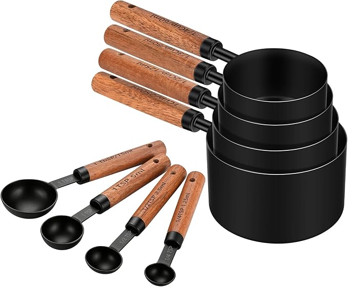 Wooden Handle Measuring Cups & Spoons Set 8-Piece – Stainless Steel, Stackable, Rustic Farmhouse Kitchen Gadgets, Non-Toxic, Dishwasher Safe, Gift for Bakers & New Homeowners