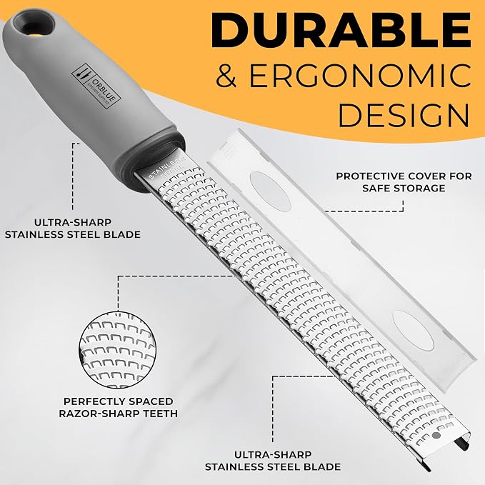 Orblue Lemon Zester & Cheese Grater - Premium Citrus Zester, Kitchen Grater for Parmesan, Chocolate, Fruits, Vegetables, Ginger, Garlic, Nutmeg - Stainless Steel Blades with Protective Cover, Gray