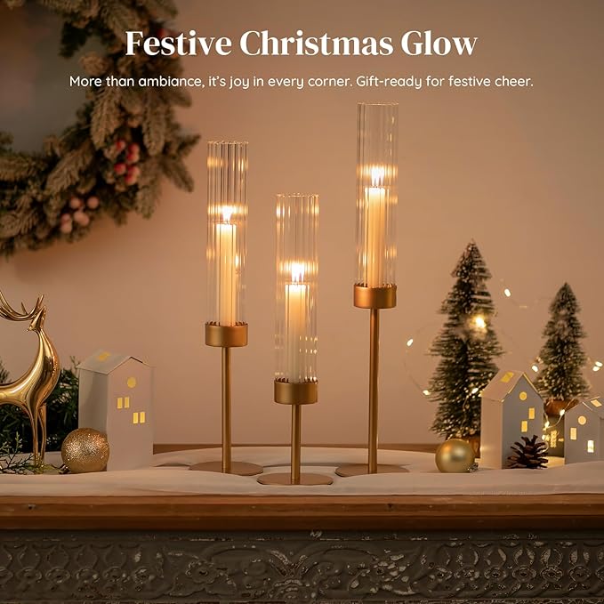 Glasseam Tapered Gold Candlestick Holders: 6 Pcs Tall Brass Taper Candle Holder with Ribbed Glass Cylinder - Hurricane Fluted Candle Holders for Table Centerpiece Wedding Party Christmas Decorations