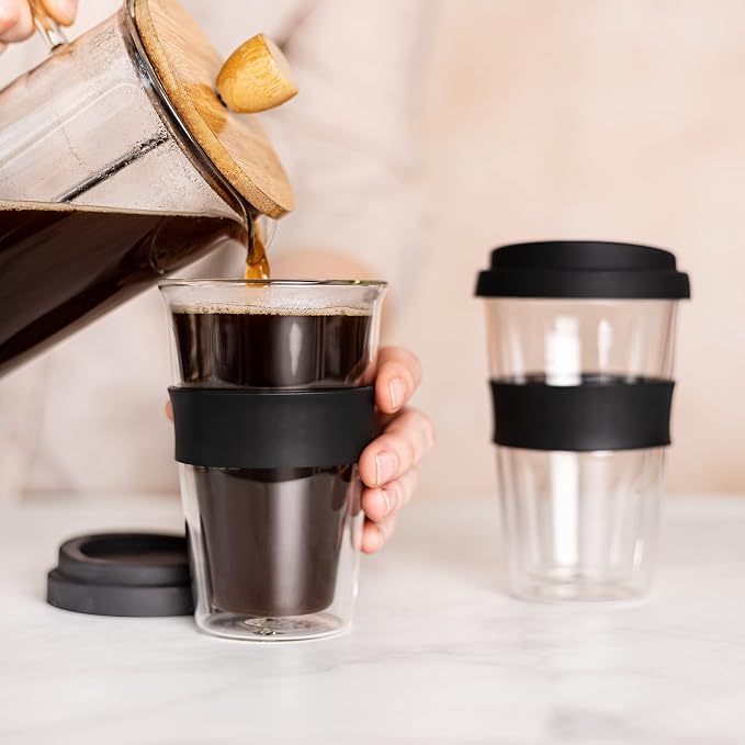 Birchland Double Wall Glass Coffee Cup with Lid, Insulated, 12 oz, Set of 2