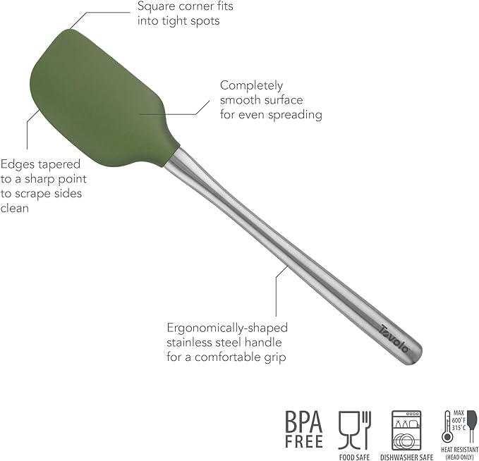 Tovolo Silicone Cooking Utensil Set of 6 Stainless Steel Handle Ladle Slotted Turner Tongs Flex Core Spatula Scraper Mixing Spoon & Potato Masher, Dishwasher Safe BPA Free Utensils, Pesto Green