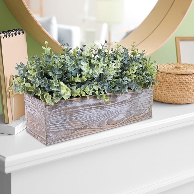 Winlyn 14" Artificial Eucalyptus in Rustic Rectangular Wooden Planter Box Faux Potted Eucalyptus Plant Greenery Arrangement for Home Wedding Dining Table Centerpiece Farmhouse Mantel Shelf Décor