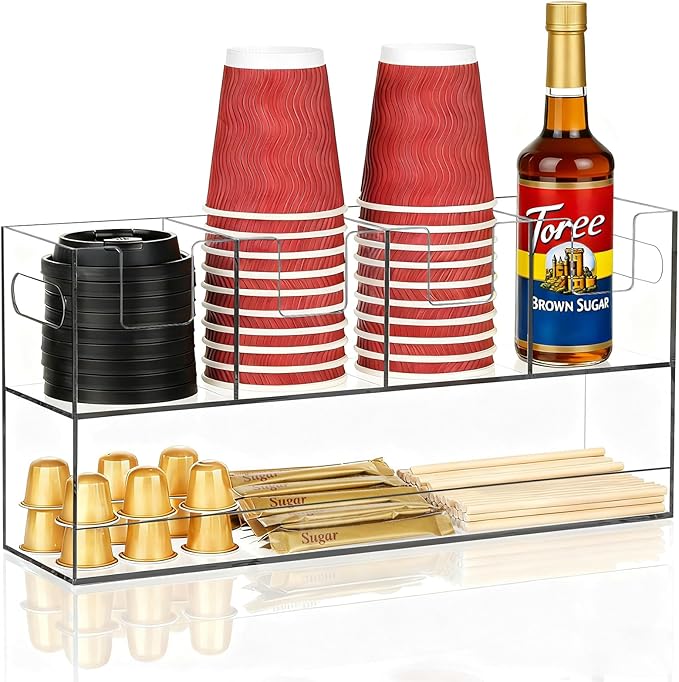 MYITYARD Cup Storage Organizer, Coffee Station Caddy, Clear Acrylic Cup and Lid Holder, Coffee Condiment Bar Accessories for Pods, Sugar, Creamer, Syrup, 5 Compartments