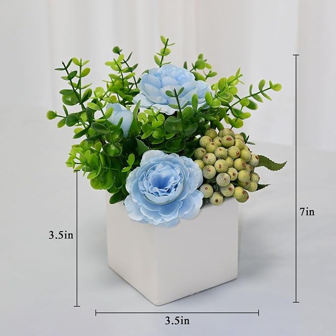 LADADA Artificial Blue Rose Potted Flowers with White Square Vase | Faux Eucalyptus Leaves Frosted Berry Floral Arrangement,Small Fake Silk Flower Centerpiece for Office Shelf Home Indoor Decor