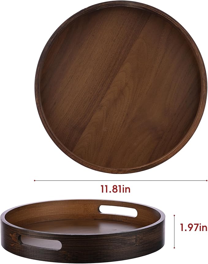 Round Trays Home Decor, 11.8" Large Round Wood Tray for Ottoman Coffee Table Trays, Wooden Kitchen Serving Decorative Trays for Home Office Counter Serveware Organizer, Walnut