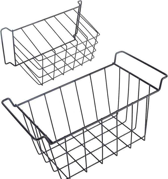 Freezer Wire Storage Basket PE Coated Organizer Bin, 2 Pack Refrigerator Hanging Rack for Shelves, Strong Steel Wire Construction, Easy Access and Maintenance, Replacement (L 39cm X W 20cm X