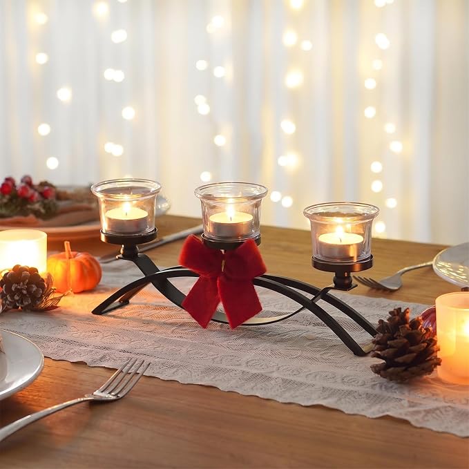 3-Arm Metal Tea Light Candle Holder Set with 5 Glass Cups, Votive Candle Holders Centerpiece Candelabra for Wedding Table Decor, Home Gatherings and Holidays (Black, 3 Cups-2 Pcs)