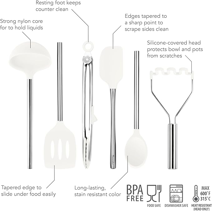 Tovolo Silicone Cooking Utensil Set of 6 Stainless Steel Handle Ladle Slotted Turner Tongs Flex Core Spatula Scraper Mixing Spoon & Potato Masher, Dishwasher Safe BPA Free Utensils, White