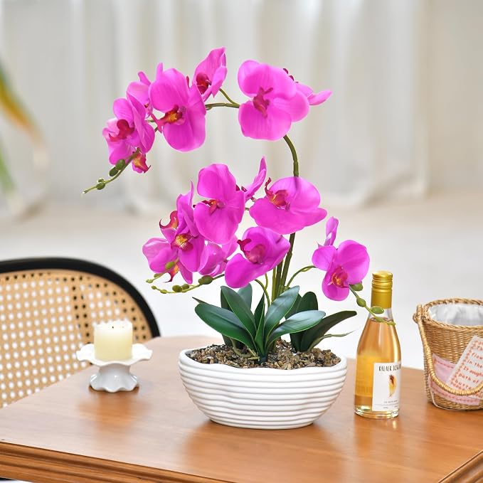 19" H Phalaenopsis Faux Orchid Plant Silk Orchid Centerpiece Artificial Floral Arrangement in Ceramic Pot (Fuchsia)