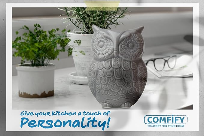 Comfify Owl Utensil Holder Decorative Ceramic Cookware Crock & Organizer, in Lovely Grey Color - Utensil Caddy and Perfect Kitchen Ceramic Decor Gift - 5" L x 7" H x 4" W