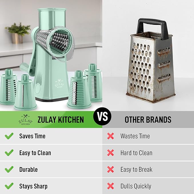 Zulay Kitchen Rotary Cheese Grater 5 Blade Cheese Shredder - Manual Hand Crank Cheese Grater With Reinforced Suction & 5 Interchangeable Drums - Easy to Use, Vegetable Chopper Round Mandoline Slicer