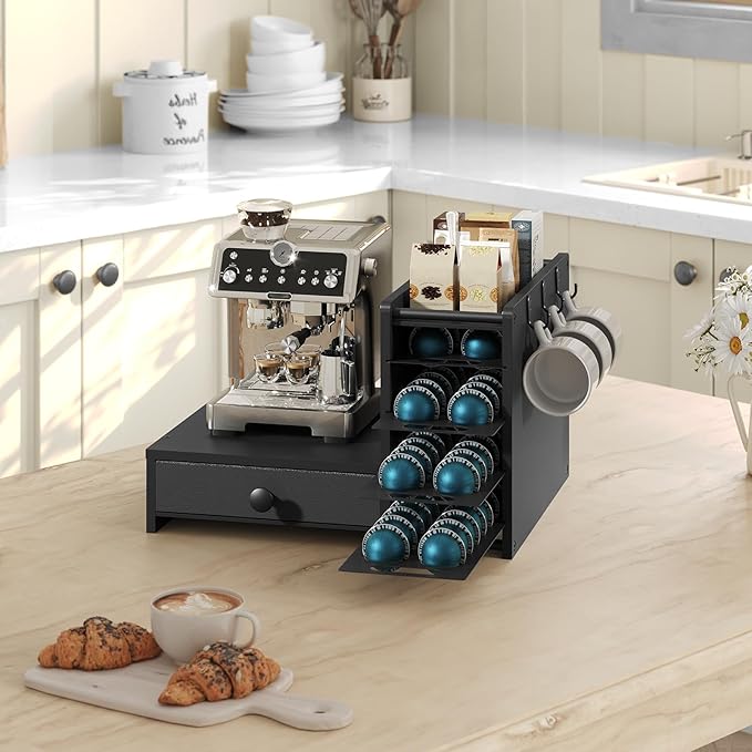 YATINEY Coffee Pod Drawer Holder, 4 Tier Holder for Vertuo, 72 Pods Large Capacity, Coffee Station Organizer with Storage Drawer and 3 Hooks, Black KH02BB