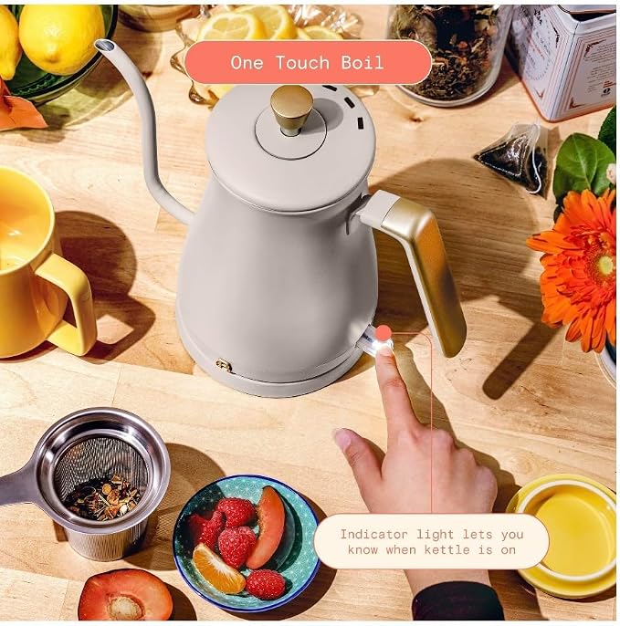 Beautiful Electric Gooseneck Kettle, 1 Liter, 1200W, Stainless Steel Interior, Fast Boil, Precision Pour Spout, Auto Shut-Off & Boil-Dry Protection (Beige)