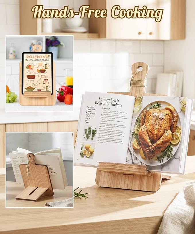 Putuo Decor Reversible Wood Cookbook Stand for Kitchen Counter Adjustable Recipe Book Holder Everything Tastes Better in Mom's Kitchen with Tablet Slot Gift Ready