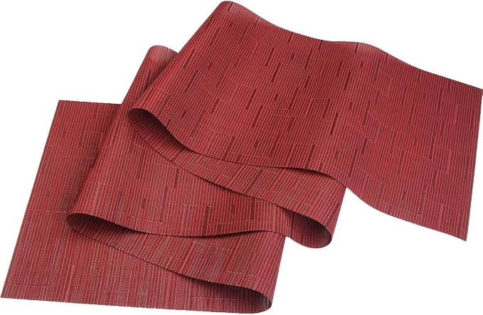 PIGCHCY Elegant Placemats with Matching Table Runner,Washable Durable Placemats Crosswoven Vinyl Table mats Sets(6pcs Placemats+1pcs Table Runner,Same Style,Burgundy Red)