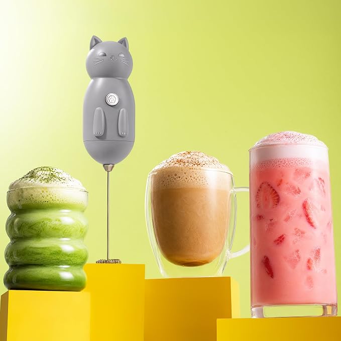 Zulay Kitchen Cat Milk Frother Wand – Cutesy Frother, Meet Your New Frothing Buddy Storm The Cat, Adoption Papers and Stickers Included, Purrr-fect for Lattes, Cappuccino & Matcha – Gray