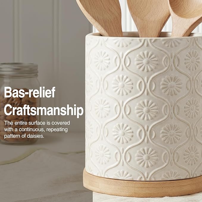 Utensil Holder, 360° Rotating Large Ceramic Kitchen Utensil Holder for Countertop, 5.8" Cooking Utensil Crocks for Kitchen Counter with Bamboo Base,Modern Farmhouse Decor (White)