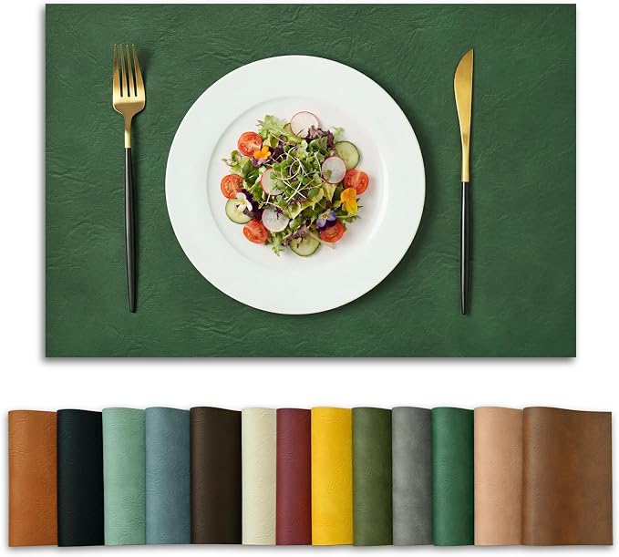 Artoid Mode Green Faux Leather Placemats Set of 8, 12x18 Inch Waterproof Wipeable Heat Resistant Vinyl Place Mats, Reversible Table Mats for Kitchen Dining Decor
