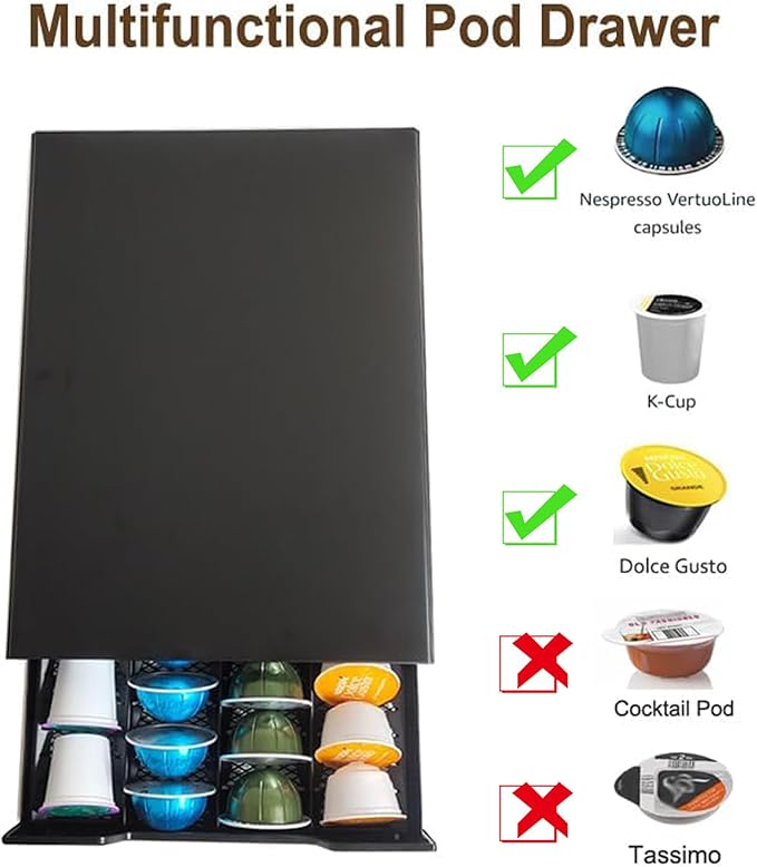 Miuly K-Cup Holder Drawer, Coffee Capsule Drawer for Vertuoline Nespresso Vertuo,Dolce Gusto, K-Cup, 24-36 Pod Pack Holder, Home Kitchen Counter Organizer, Black