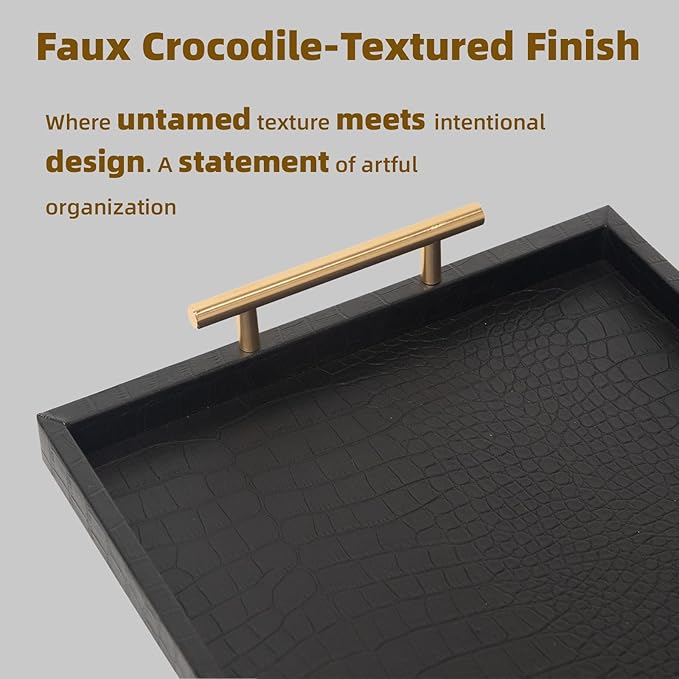 Set of 2 Modern Elegant Large Wood Serving Tray, Rectangle Decorative Tray Ottoman Tay Coffee Table Tray, Black Crocodile Leather with Gold Polished Metal Handles