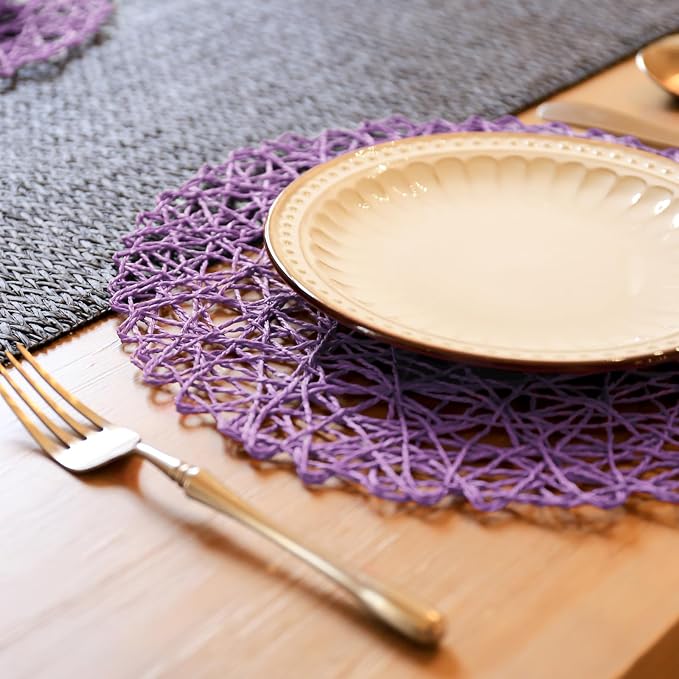 AHHFSMEI Paper Braided Round Placemats Set of 6 Natural Non-Slip Heat Resistant Table Mats for Dining Tables Woven Indoor Outdoor Place mats(Purple)