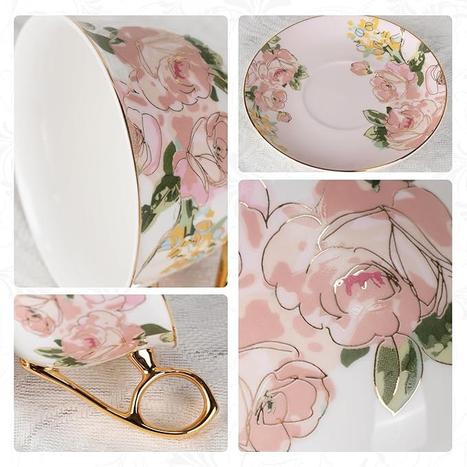KAMMAK Tea Cups and Saucers Set of 2, Fine Bone China Coffee Cups, Stackable Espresso Mugs, Ceramic Demitasse for Coffee, Cappuccino, Latte, Americano, Tea, Wild Rose