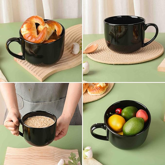 50oz lagrge Ceramic Soup Mug with Handles for Coffee, Tea, Ice Cream, Cereal (Black)
