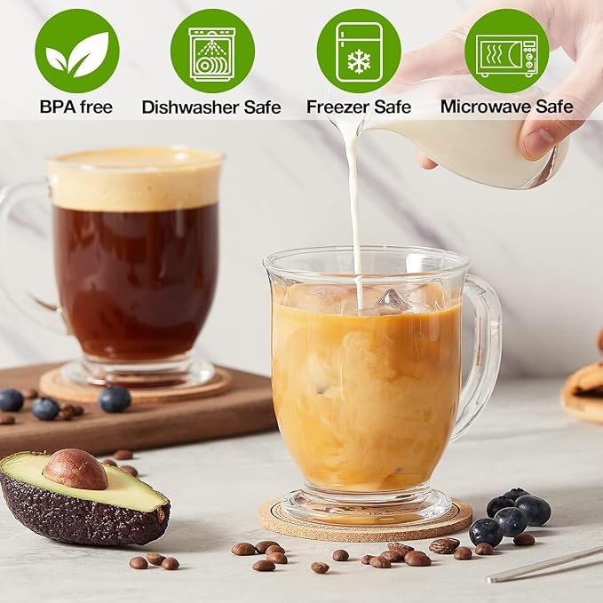 Set of 4 Clear Glass Coffee Mugs,16 OZ Large Beer Cups,Diner Coffee Cup with Handle Bottom is Circular Mug for Men and Women for Hot Beverages,Tea, Cappuccino, Latte, Espresso, Juice Mothers Gifts