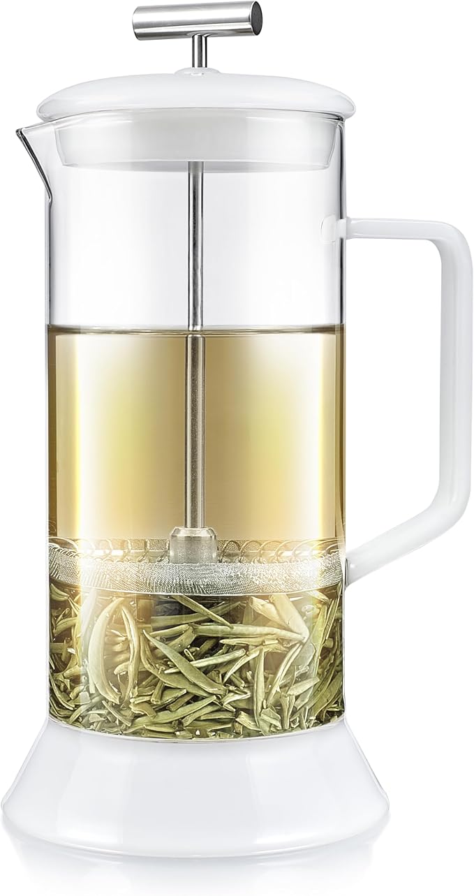 Teabloom Toulouse Borosilicate Glass Tea Press and Coffee Maker with No Plastic, 24-Ounce (700 mL) - Frost White
