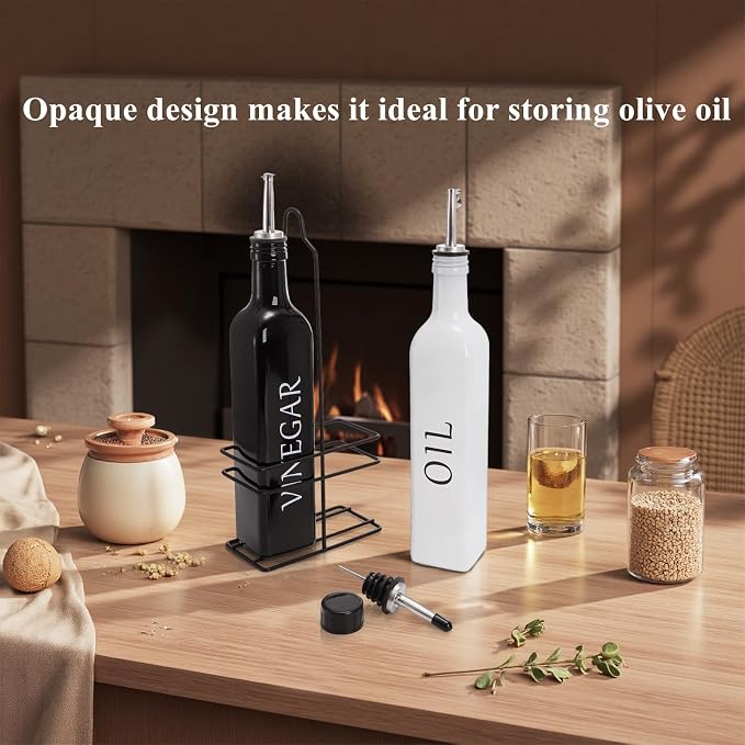 Tebery 2 Pack Oil and Vinegar Dispenser Set with Caddy Holder, 17oz Black & White Olive Oil Dispenser Bottle, Cute Modern Vintage Glass Cruet for Kitchen
