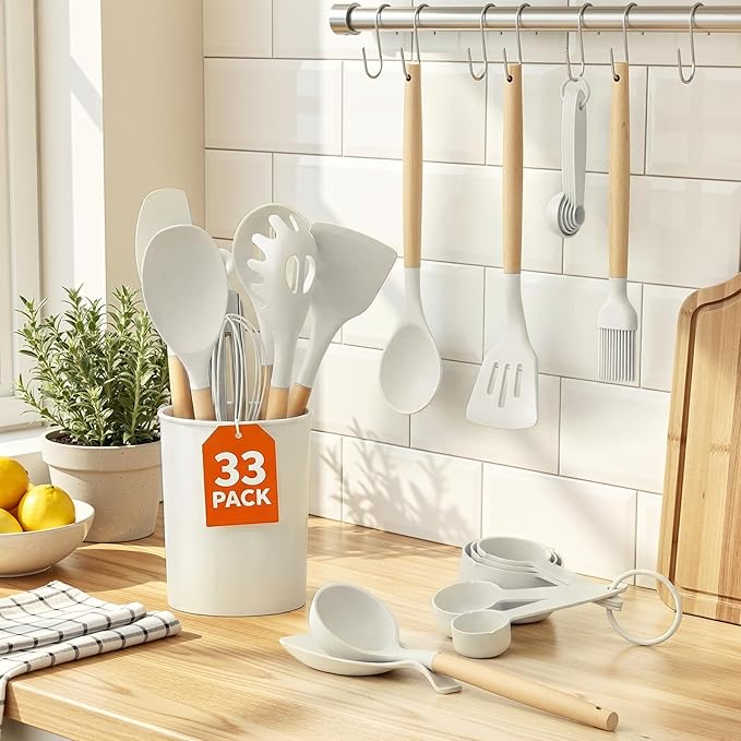 WISELIFE Kitchen Utensils Set - 33 PCS, Heat-Resistant Silicone Cooking Utensils Set with Wooden Handle, BPA-Free Kitchen Gadgets Spatula Sets with Holder for Nonstick Cookware (White)