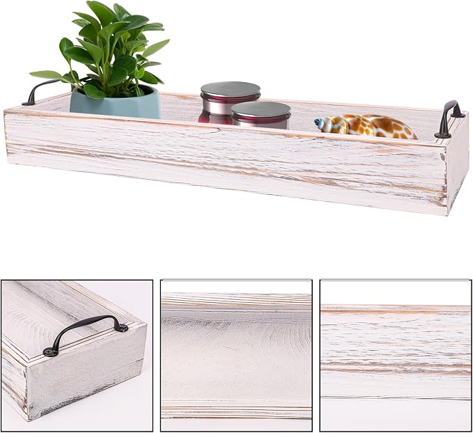 2 PCS 16 Inch Rustic Wooden Serving Trays with Metal Handles, Versatile Rectangular Wood Ottoman Tray for Living Room and Dining Table Centerpiece Decor, Home Decor, Coffee Table, Office