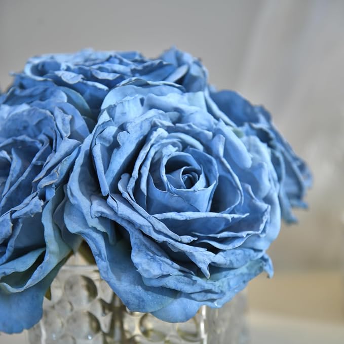 Artificial Rose in Glass Vase Vintage Silk Flower Arrangement with LED Light for Table Centerpiece Home Wedding Decoration (Dusty Blue)