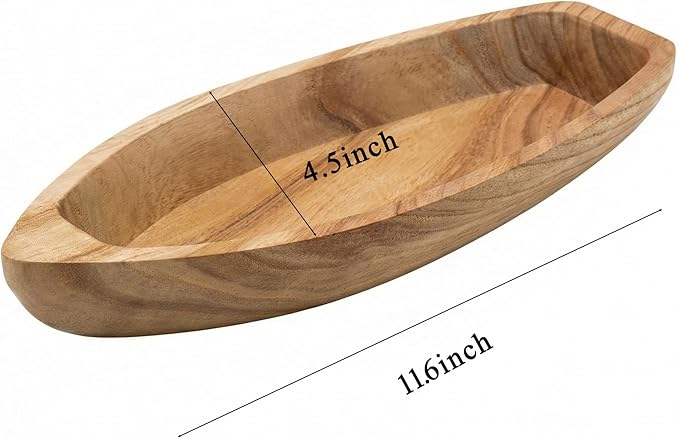 Handcrafted Boat-Shaped Solid Wood Serving Tray (11.6 x 4.5 x 2.2 inches) – Decorative Wooden Appetizer Platter for Home Parties, Game Nights, Snacks, and Desserts – Natural Wooden Boat