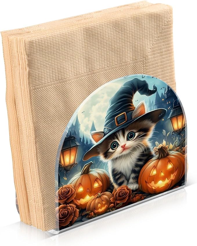Halloween Cat Pumpkin Lantern Napkin Holder for Tables Paper Cocktail Napkin Holders for Kitchen Dinning,Acrylic Dinner Napkin Dispenser for Restaurant Home Decor Bar Accessories 1 Pack