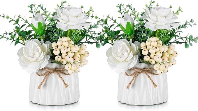 BLOSMON Table Decor Artificial Flowers Vase 7 Inch Small Fake Flower White Arrangement 2pcs Floral Arrangement for Tables Centerpieces Kitchen Dining Room Decorations Faux Flower in Vase Silk Roses