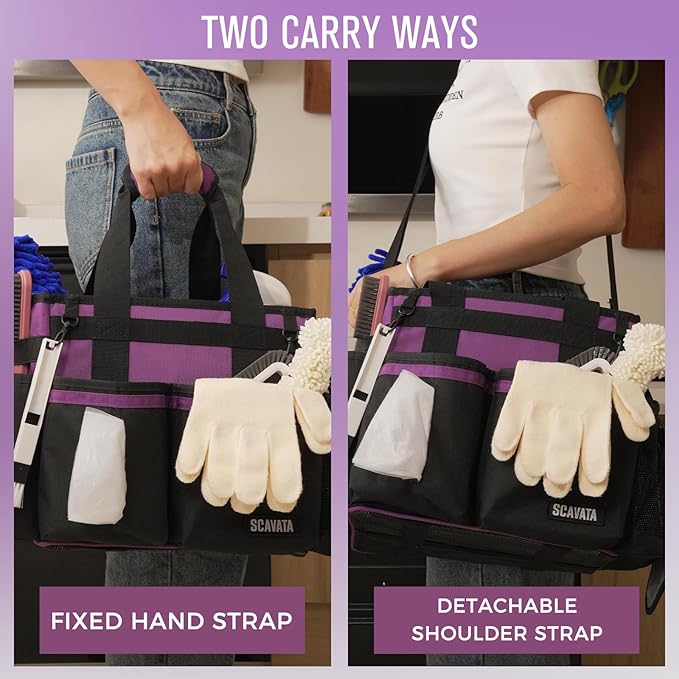 SCAVATA Compact Wearable Cleaning Caddy, Small Cleaning Caddy Supplies Organizer with Handle & Shoulder Straps for Housekeepers, Under Sink & Car Cleaning Tool Organizers Bag (RoyalPurple)