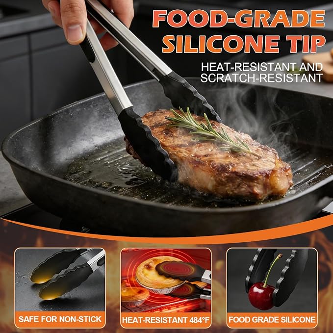 TACGEA Stainless Steel Kitchen Tongs with Silicone Tips, Locking Grilling Food Tongs, 9" and 12", Set of 2 Black