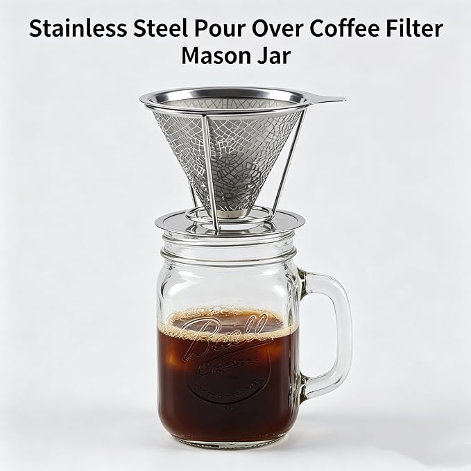 Mason Jar Pour Over Coffee Dripper, Stainless Steel Reusable Filter | Easy to Clean Paperless Coffee Maker, Cone Dripper with Removable Cup, Dishwasher Safe, Rustproof