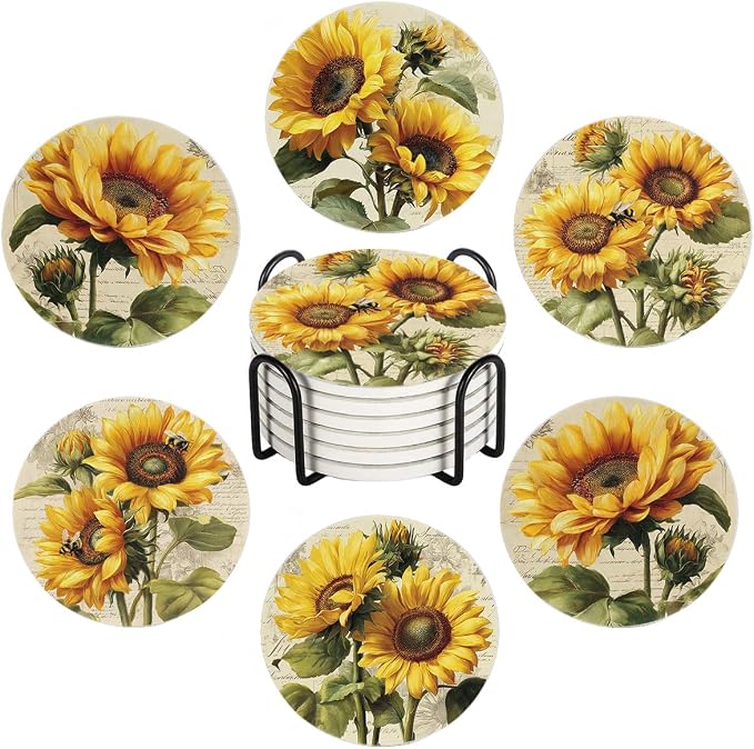 Drink Absorbent Coasters with Holder Set of 6, Ceramic Stone with Cork Base, Vintage Sunflowers Yellow Spring Flowers Coaster for Drinks, Gift for Housewarming Room Bar Home Decor Kitchen