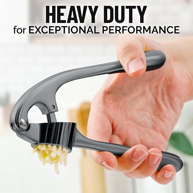 Zulay Kitchen Premium Garlic Press Set - Rust Proof Professional Garlic Mincer Tool - Easy-Squeeze, Easy-Clean with Soft, Ergonomic Handle - Silicone Garlic Peeler & Brush (Slate)