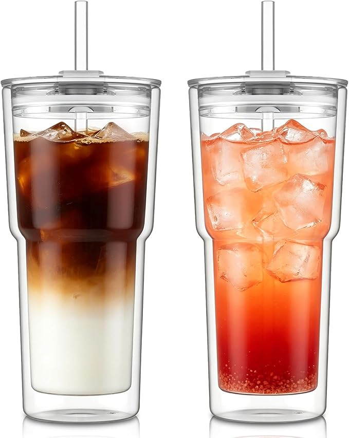 KEMORELA 2PCS 20oz Double Wall Glass Tumblers with Lids and Straws – Insulated Borosilicate Glass Matcha Cups for Iced Matcha Latte, Smoothies, Reusable Travel Glass Cups – Leak Proof 2-in-1 Lid