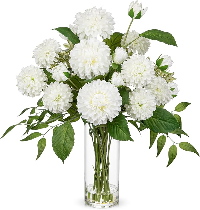 Hollyone White Fake Flowers in Vase Dahlia Artificial Flowers in Glass Vase with Faux Water Dahlia Silk Flower Arrangements for Bathroom Office Table Centerpiece Shelf Decorations Home Decor