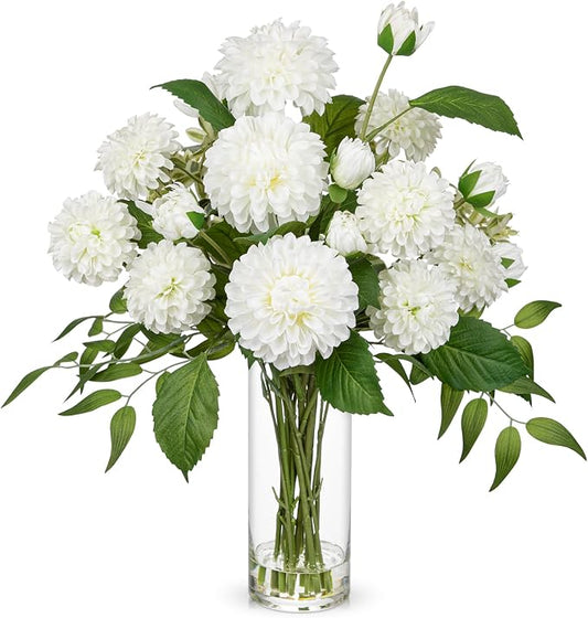 Hollyone White Fake Flowers in Vase Dahlia Artificial Flowers in Glass Vase with Faux Water Dahlia Silk Flower Arrangements for Bathroom Office Table Centerpiece Shelf Decorations Home Decor