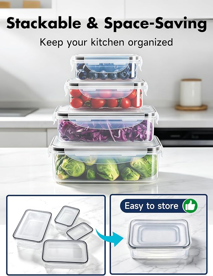 Geedel Food Storage Containers with Lids, Airtight Leakproof Lunch Meal Prep Containers, Stackable Microwave Freezer Dishwasher Safe Plastic Food Containers for Kitchen Organization, Set of 4, Clear